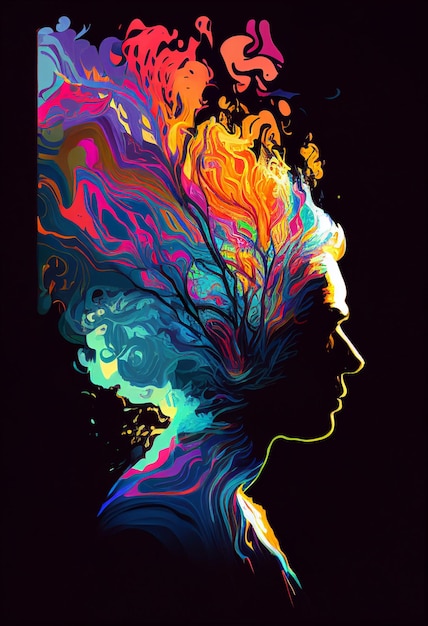 Jaskrawo kolorowa grafika przedstawiająca kobietę z drzewem we włosach