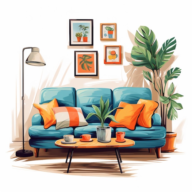 jaskrawo kolorowa ilustracja salonu z niebieską kanapą i stolikiem kawowym generatywnym ai