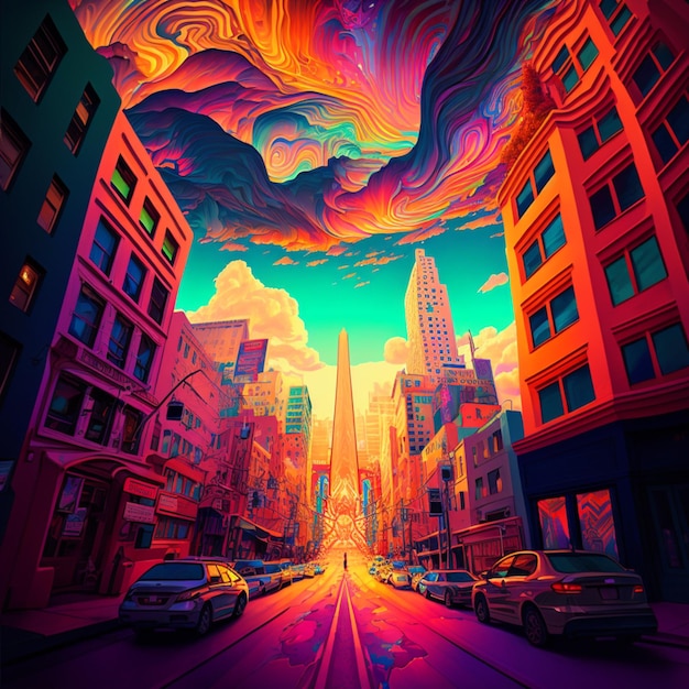Jaskrawo kolorowa scena uliczna miasta z samochodami i budynkami generującymi sztuczną inteligencję