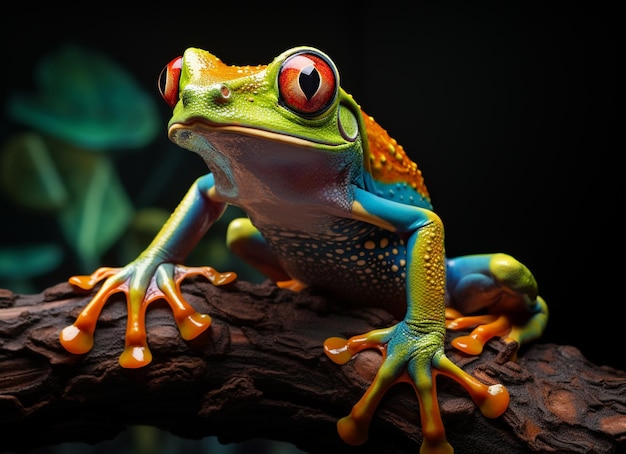 jaskrawo kolorowa żaba siedzi na gałęzi z ciemnym tłem generatywna ai