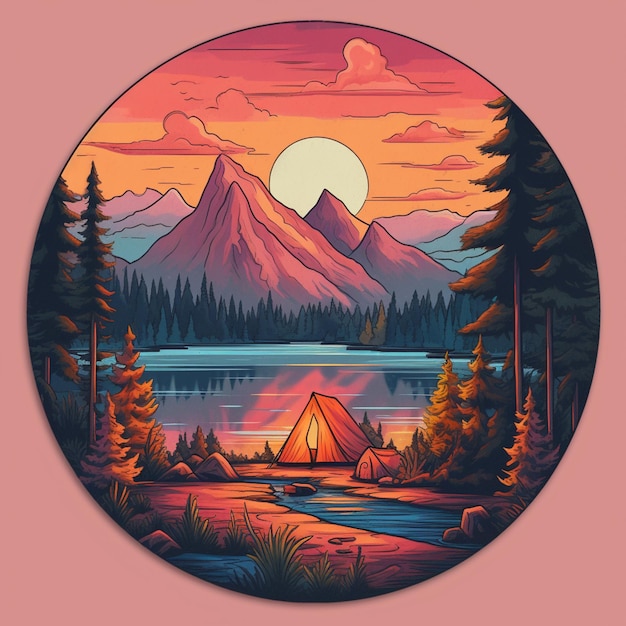 jaskrawo kolorowana ilustracja namiotu w lesie przy jeziorze generatywnym ai