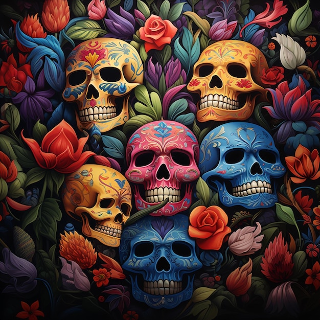 jaskrawo kolorowe czaszki otoczone kwiatami i liśćmi na czarnym tle generatywnej ai
