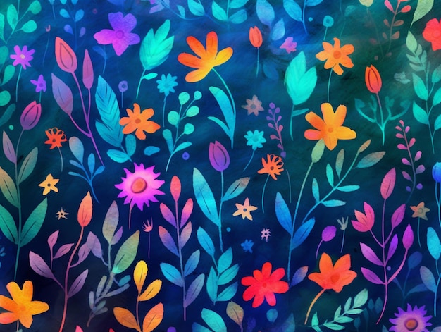 Jaskrawo kolorowe kwiaty i liście są malowane na ciemnym tle generatywnym ai