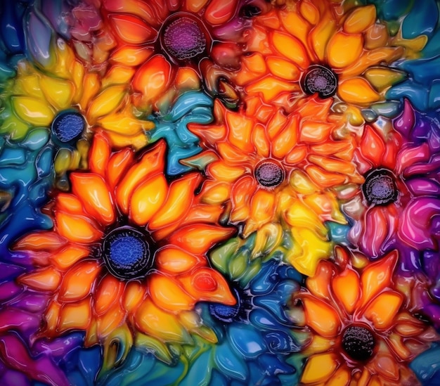 jaskrawo kolorowe kwiaty są ułożone w misce z wodą generatywną ai