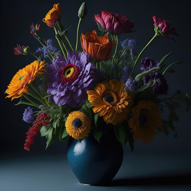 Jaskrawo kolorowe kwiaty w niebieskim wazonie na ciemnym tle