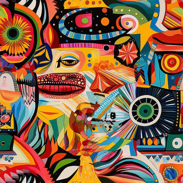 jaskrawo kolorowe malarstwo abstrakcyjne przedstawiające twarz kobiety w wielu różnych kolorach generatywne ai