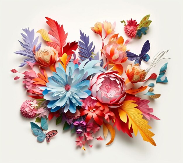 Jaskrawo kolorowe papierowe kwiaty i motyle są ułożone na białej powierzchni generatywnej ai