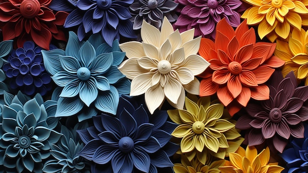 jaskrawo kolorowe papierowe kwiaty są ułożone w ścianie o różnych kolorach generativ ai