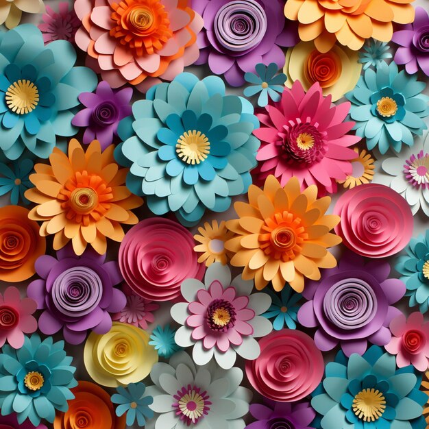 jaskrawo kolorowe papierowe kwiaty ułożone są w ścianie generatywnej AI