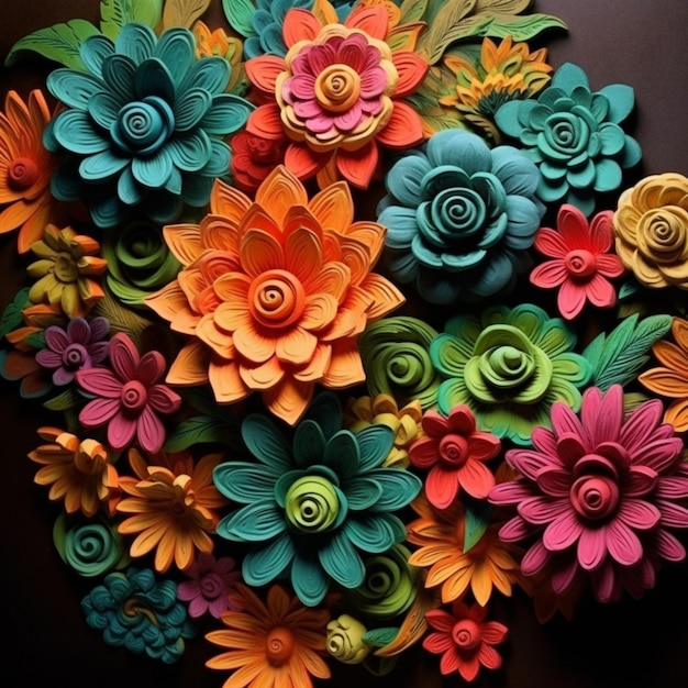 Zdjęcie jaskrawo kolorowe papierowe kwiaty ułożone w okrąg na stole ai generative