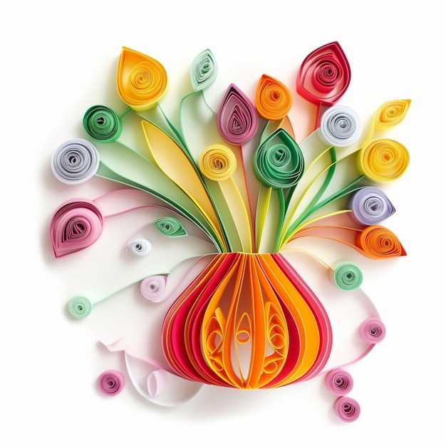 Zdjęcie jaskrawo kolorowe papierowe kwiaty w wazonie na białej powierzchni generatywnej ai