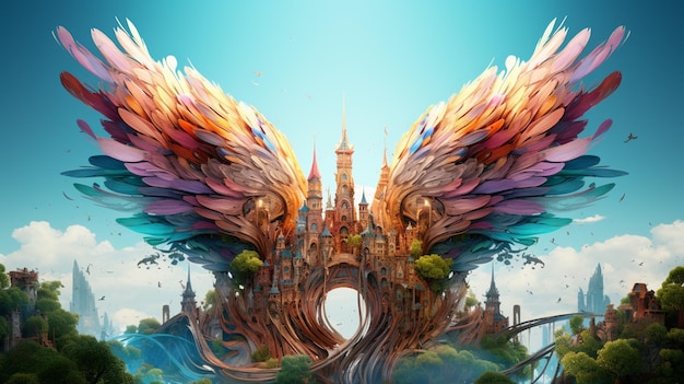 jaskrawo kolorowe skrzydła latają nad zamkiem w generatywnym świecie fantasy