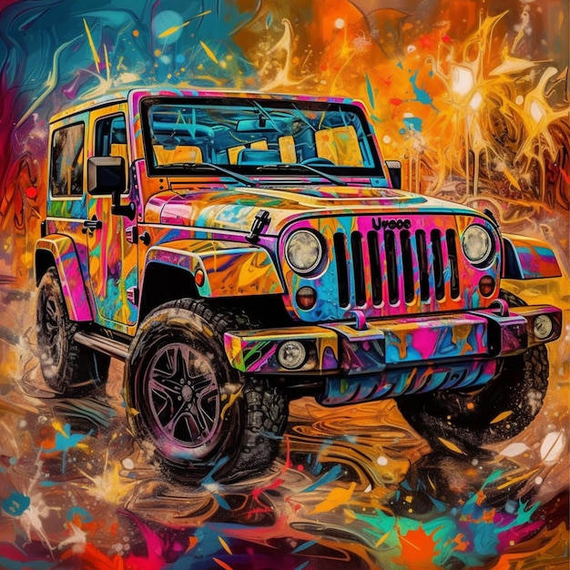 Jaskrawo kolorowy jeep jest zaparkowany w kolorowym obszarze generatywnym ai
