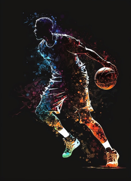 jaskrawo kolorowy koszykarz kozłujący piłkę ręką generującą sztuczną inteligencję