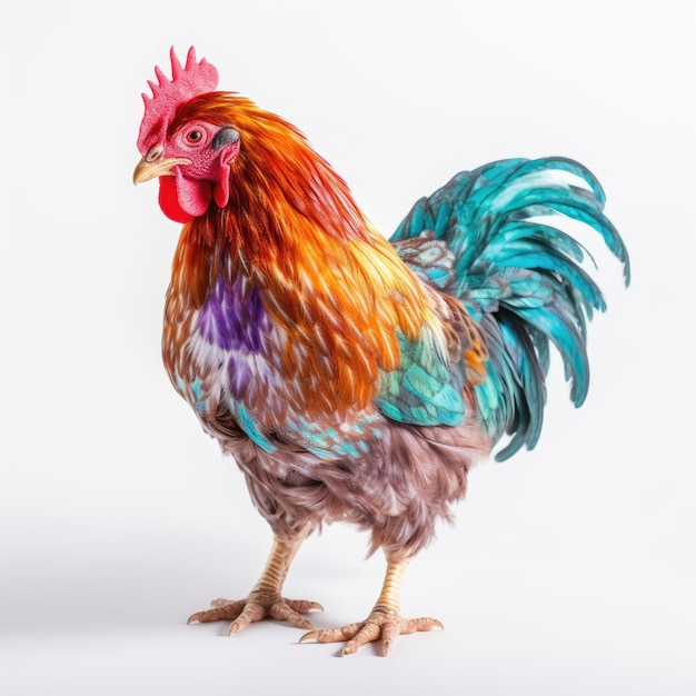 Zdjęcie jaskrawo kolorowy kurczak na białym tle