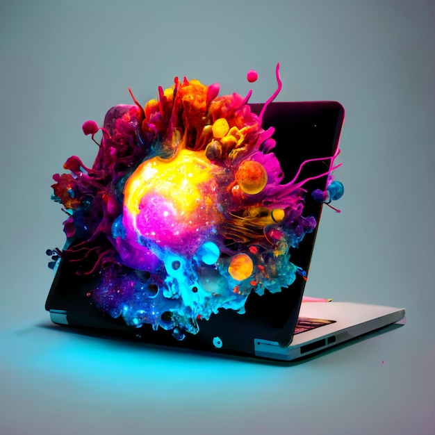 Jaskrawo kolorowy laptop ze świecącą kulą na ekranie generatywnej ai