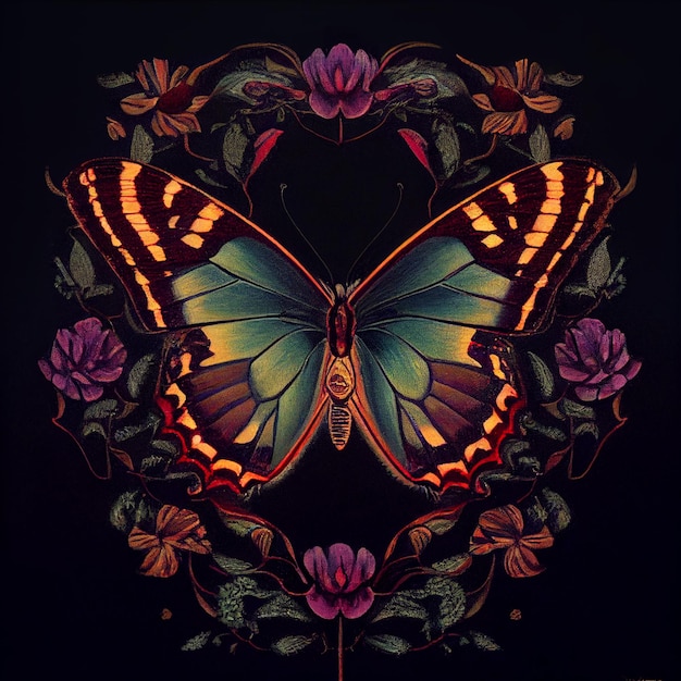 jaskrawo kolorowy motyl z kwiatami i winoroślą w ciemnym pokoju generatywną ai