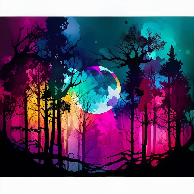 Jaskrawo kolorowy obraz przedstawiający księżyc w pełni na nocnym niebie generatywny ai