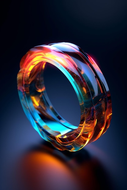 jaskrawo kolorowy pierścień szklany na powierzchni odblaskowej z czarnym tłem generatywnym ai