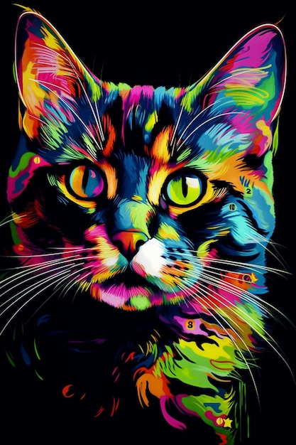 Jaskrawo kolorowy portret kota na czarnym tle z jasnymi oczami generatywnymi AI