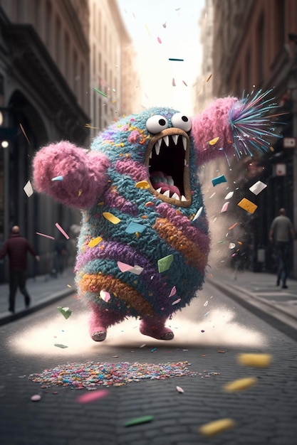 Jaskrawo kolorowy potwór z zębami i szeroko otwartą generatywną ai ulicy miasta
