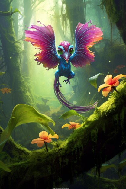 jaskrawo kolorowy ptak lecący w lesie z kwiatami i mchem generatywnym AI
