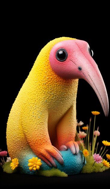 jaskrawo kolorowy ptak siedzący na skale z kwiatami i trawą generatywną ai
