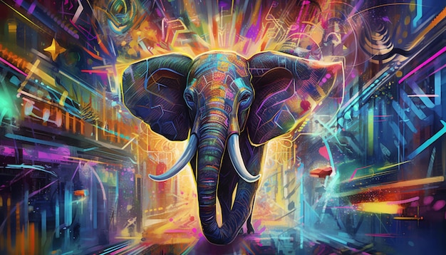 jaskrawo kolorowy słoń spacerujący ulicą miasta z dużą ilością świateł generatywnych AI