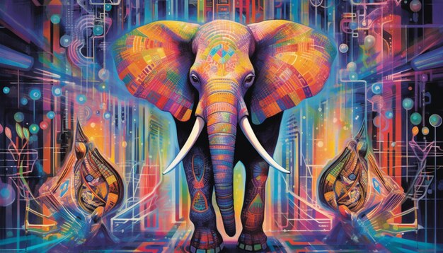 jaskrawo kolorowy słoń stojący przed kolorowym tłem generatywną sztuczną inteligencją