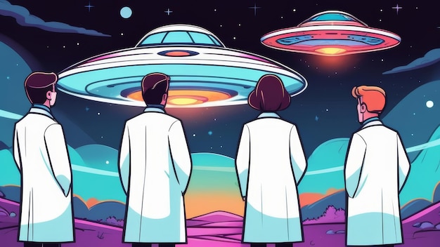 Jasna ilustracja kreskówkowa przedstawiająca kilku naukowców w białych płaszczach stojących i obserwujących dwa UFO