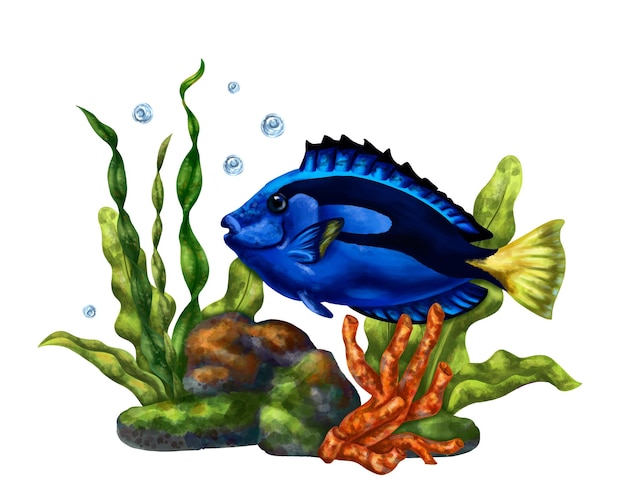 Jasna kompozycja z podwodnym światem Wodorosty czerwonego korala tropikalna ryba w kolorze królewskiego błękitu Cyfrowa ilustracja Do drukowania naklejek plakatów pocztówek drukuje