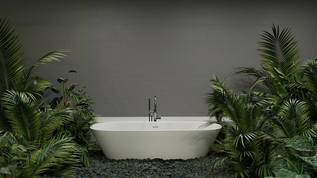 Jasna łazienka z kafelkami metra i różnorodnymi zielonymi roślinami w stylu głębokiego lasu