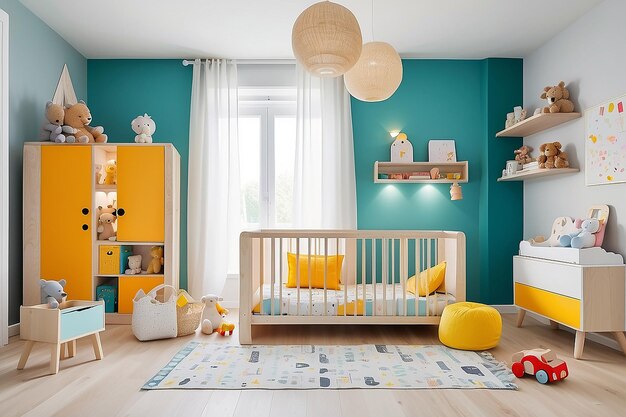 Jasna nowoczesna sypialnia dla dzieci z zabawkami i meblami dla dzieci