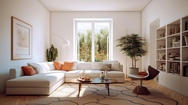 Jasna sofa i białe ściany tworzą jasny i przejrzysty pokój Generative AI