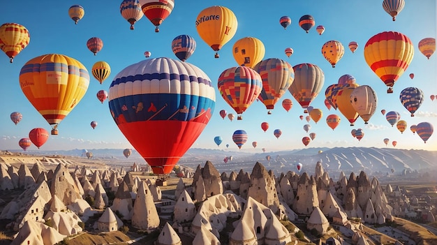 Jasne balony na ogrzane powietrze na niebie w Turcji w Kapadocji