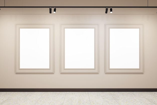 Jasne beżowe wnętrze pokoju galerii z trzema pustymi białymi ramkami do zdjęć i betonową podłogą Koncepcja reklamy wystawy galerii Mockup Renderowanie 3D