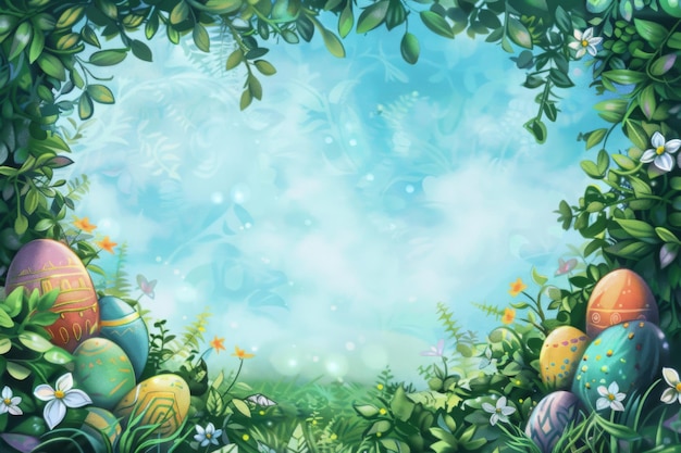 Jasne i kolorowe Wielkanocne tło ozdobione jajkami i innymi symbolami wielkanocnymi