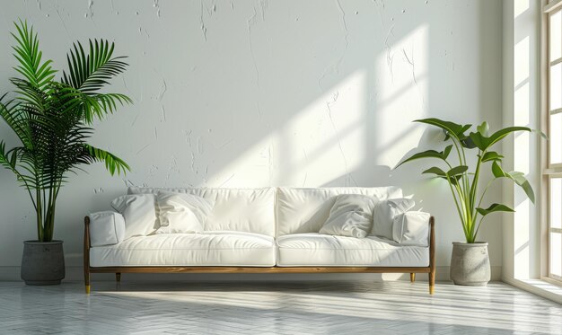 Jasne i przytulne nowoczesne wnętrze salonu ma kanapę i roślinę z białą ścianą z gipsu
