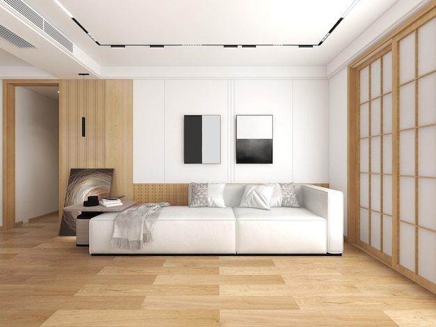 Zdjęcie jasne i przytulne nowoczesne wnętrze salonu ma sofę i roślinę z białą ścianą renderowania 3d