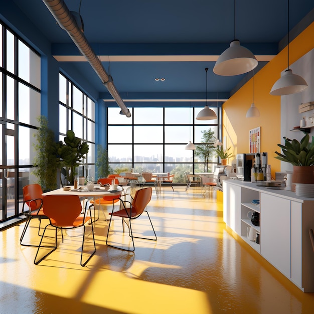 Jasne i słoneczne biuro z żółtą ścianą i niebieską ścianą z oknem z napisem „I love coffee”.