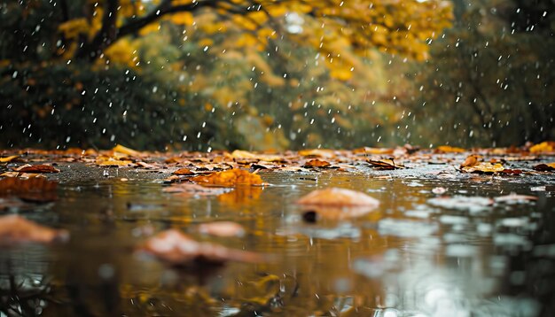 Zdjęcie jasne jesienne tło liść klonu w kałuży miękka naturalna tapeta mokre liście pomarańczowe w deszczu ilustracja generowana przez ai