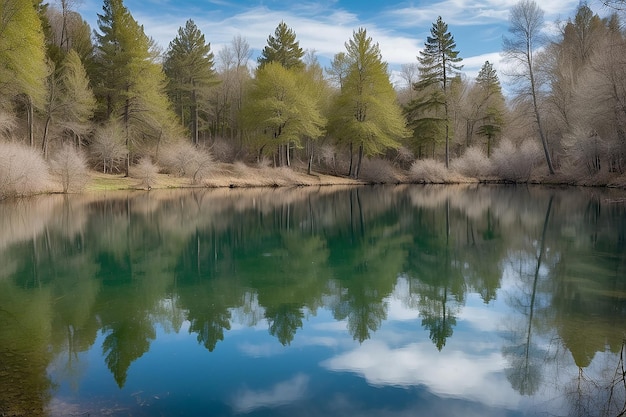 Jasne jezioro z odbiciem drzew i nieba w chłodny dzień wiosny