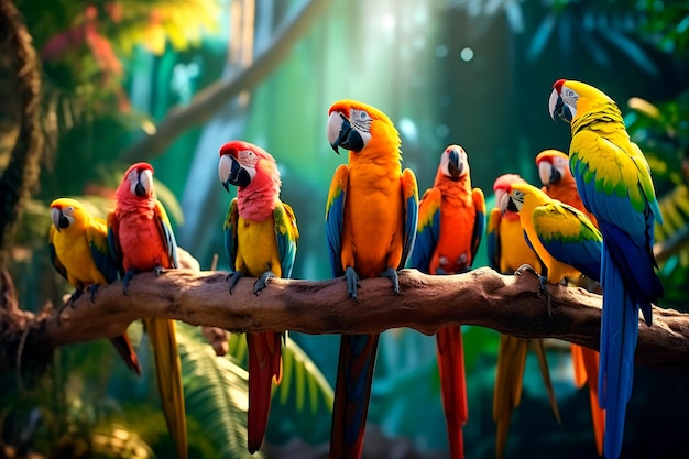 Jasne kolorowe papugi na gałęzi drzewa w lesie Wygenerowano AI