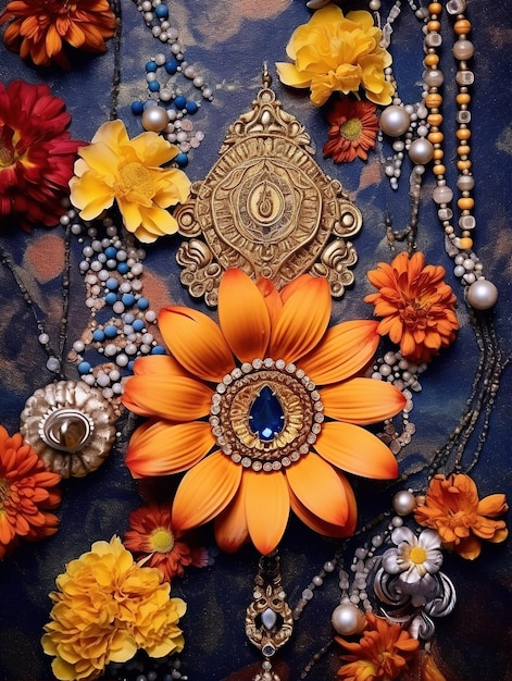 Jasne kolorowe tło z zestawem kwiatów i biżuterią na weselu w Indiach Generative AI