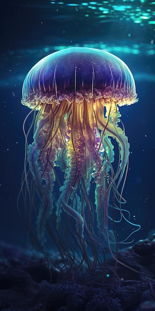 Jasne meduzy tańczą w ciemnoniebieskiej wodzie morskiej
