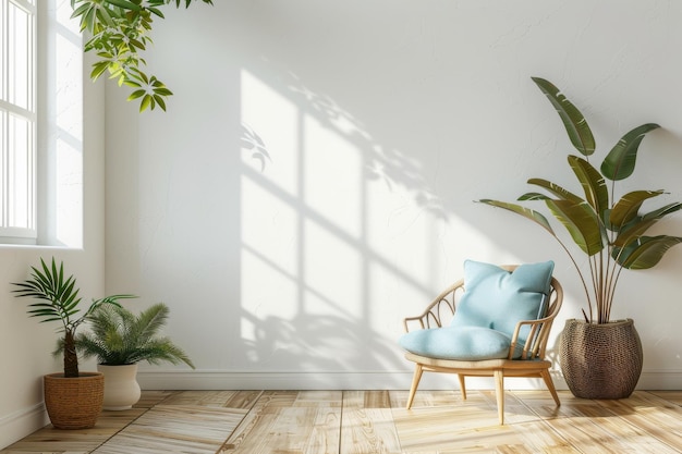 Jasne minimalistyczne wnętrze z wygodnym krzesłem i roślinami wewnętrznymi
