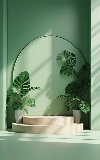 Jasne pastelowe zielone okrągłe podium w zielonym wnętrzu ze słońcem i cieniami liści na ścianie Pusty