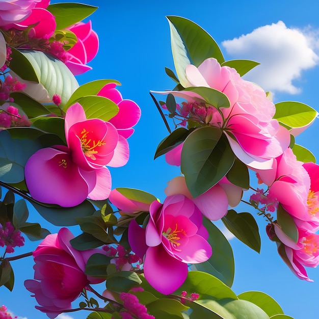Jasne różowe i białe kwiaty Bougainvillea na tle błękitnego nieba