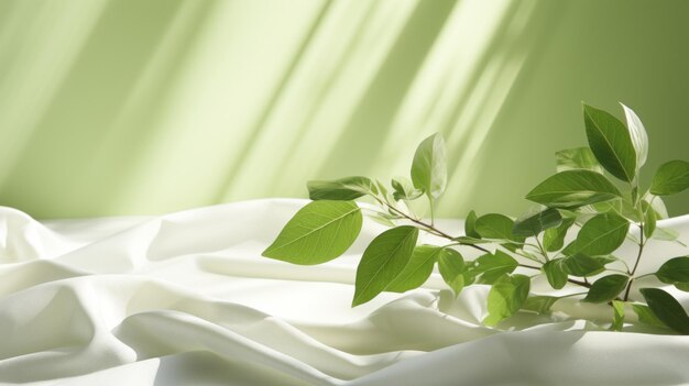 Jasne tło wiosenne z zielonymi liśćmi i cieniami na tle tekstylnym