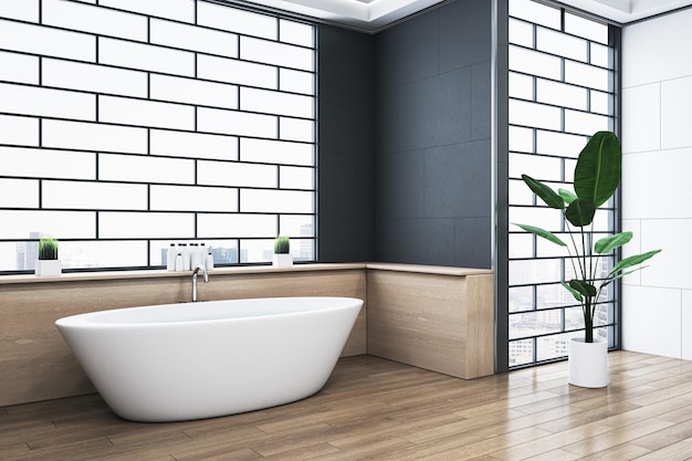 Jasne wnętrze łazienki z abstrakcyjnymi oknami wanny i odbiciami na drewnianej podłodze Renderowanie 3D